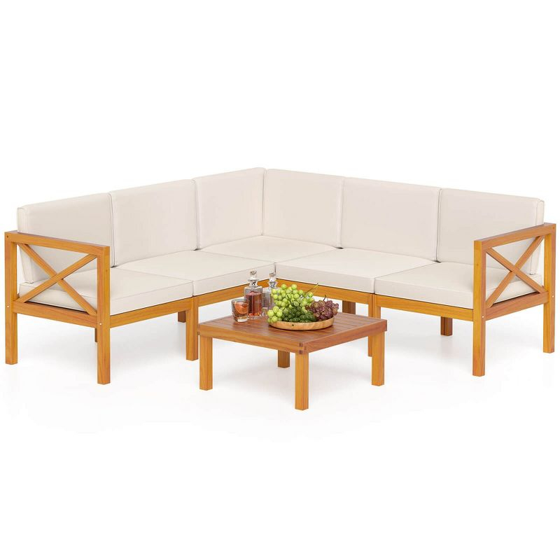 Tangkula Set of 6 Acacia Wood Patio Furniture Set Outdoor Sectional Conversation Set w/ Cushions & Coffee Table Off White
