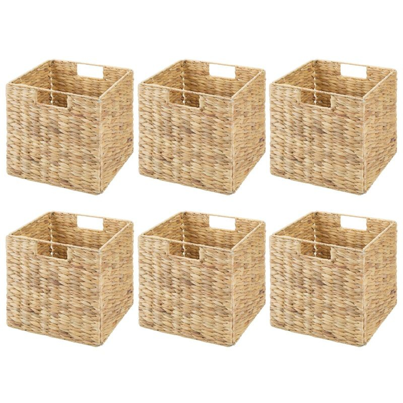 mDesign Hyacinth Woven Cube Bin Basket Organizer, Handles, 6 Pack, Natural/Tan