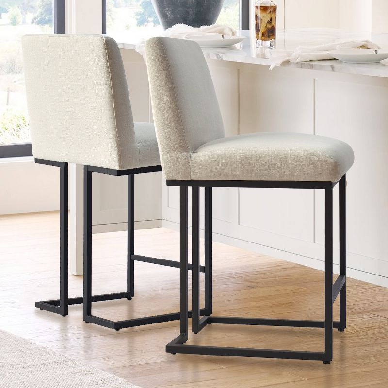 Set of 2 Upholstered Counter Height Bar Stools, 25" Armless Fabric Seat with Black Metal Sled Legs for Kitchen Island & Home Bar-Maison Boucle