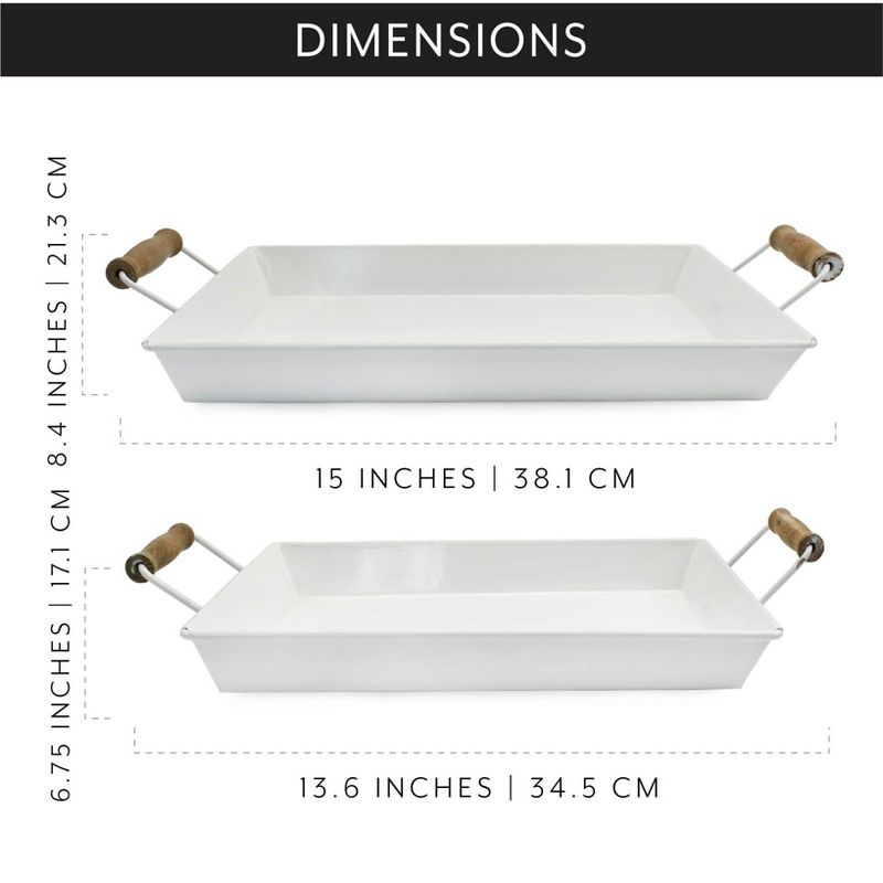 AuldHome Design  Rustic White Enamelware Trays, Small & Medium 2pc Set; Farmhouse Decor Trays w/ Handles