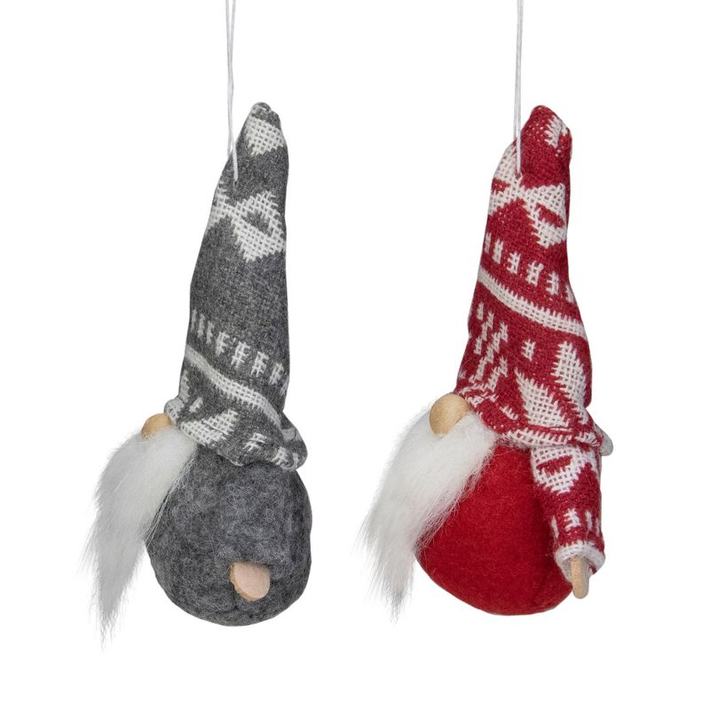 Northlight Santa Gnome Hanging Christmas Ornaments - 4" - Gray and Red - Set of 2