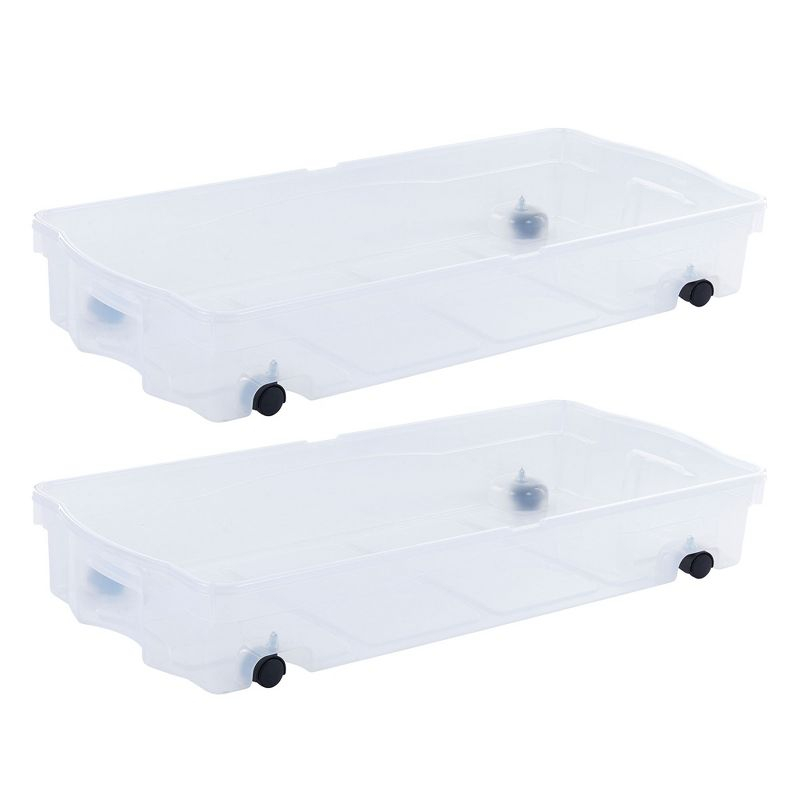 Rubbermaid 68 Quart Under the Bed Low Profile Storage Boxes with Dual Hinged Lids and Easy Rolling Caster Wheels, Clear, 2 Pack