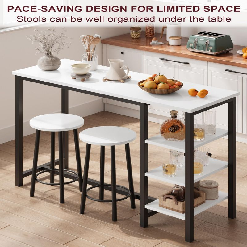 Bar Table with 2 stools, Counter Height Table with 3 Storage Shelves, 3 Piece Dining Table Set for Small Space, Apartment, Kitchen, White&Black