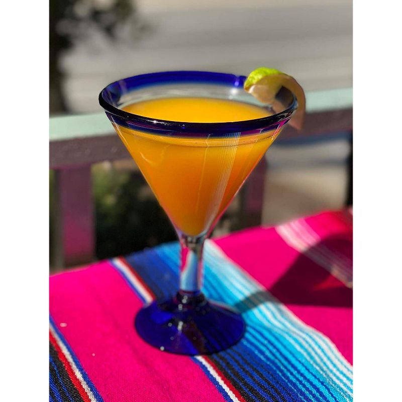 Dos Sueños Mexican Hand Blown  Modern Margarita Glasses - Blue Rim - 12oz - Set of 4