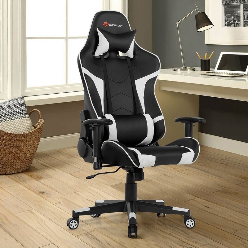 Costway Massage Gaming Chair Racing Computer Swivel Chair with Headrest & Lumbar Support White