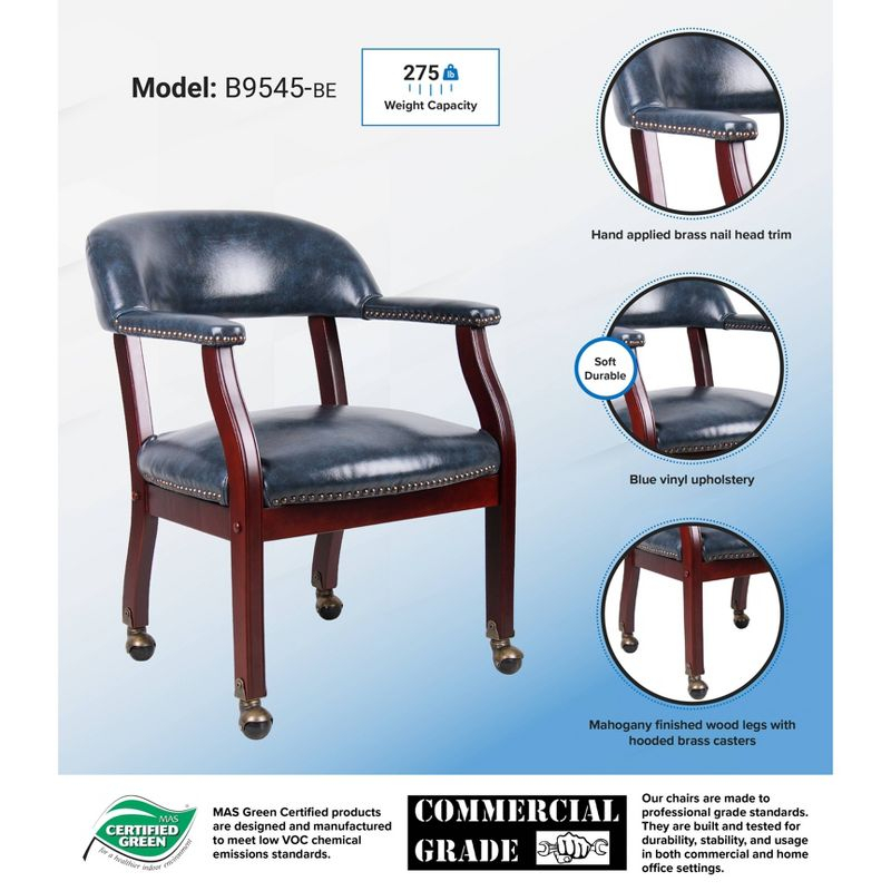 Captain's Chair with Casters Blue - Boss Office Products: Vinyl Upholstery, Fixed Height, Nailhead Trim