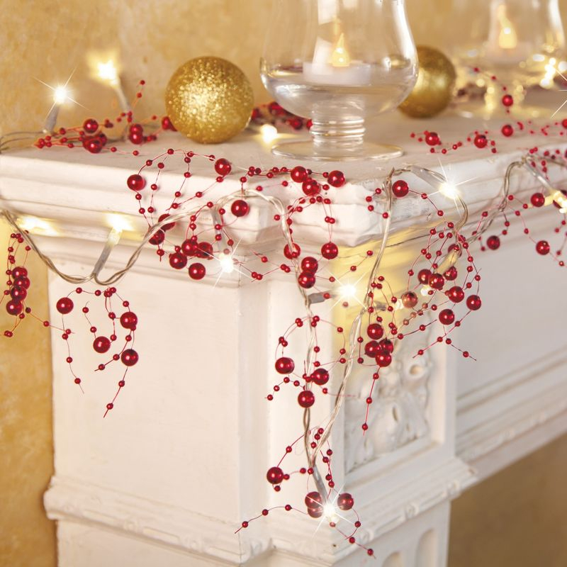 Collections Etc Lighted Berry-Beaded Holiday Garland Red