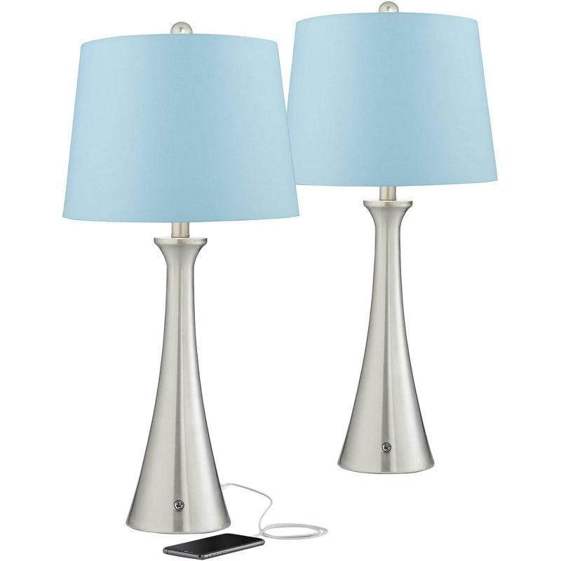 360 Lighting Karl Modern Table Lamps 27 1/2" Tall Set of 2 Brushed Nickel with USB and AC Power Outlet in Base Blue Hardback Drum Shade for Bedroom