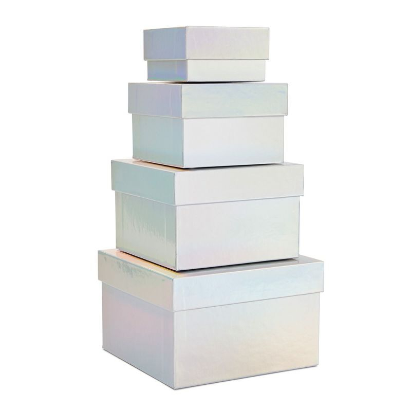 Stockroom Plus Set of 4 Sizes Square Nesting Gift Boxes with Lids for Presents, Decorative Goodie Box for Holidays, Holographic Silver