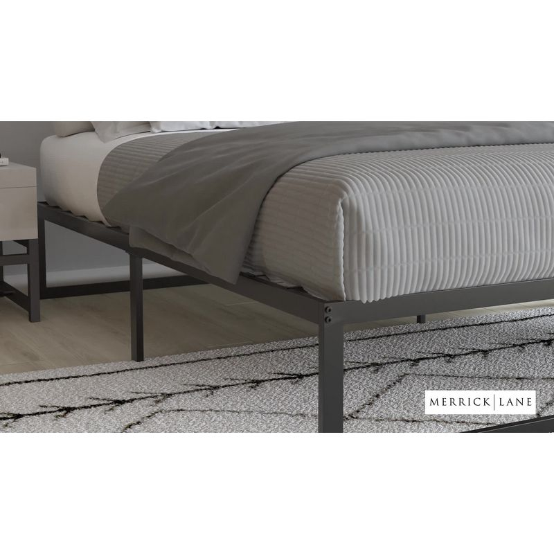 Merrick Lane Queen Size 14 Inch Black Steel Bed Frame With Steel Slat Support For Any Mattress (No Box Spring Required)