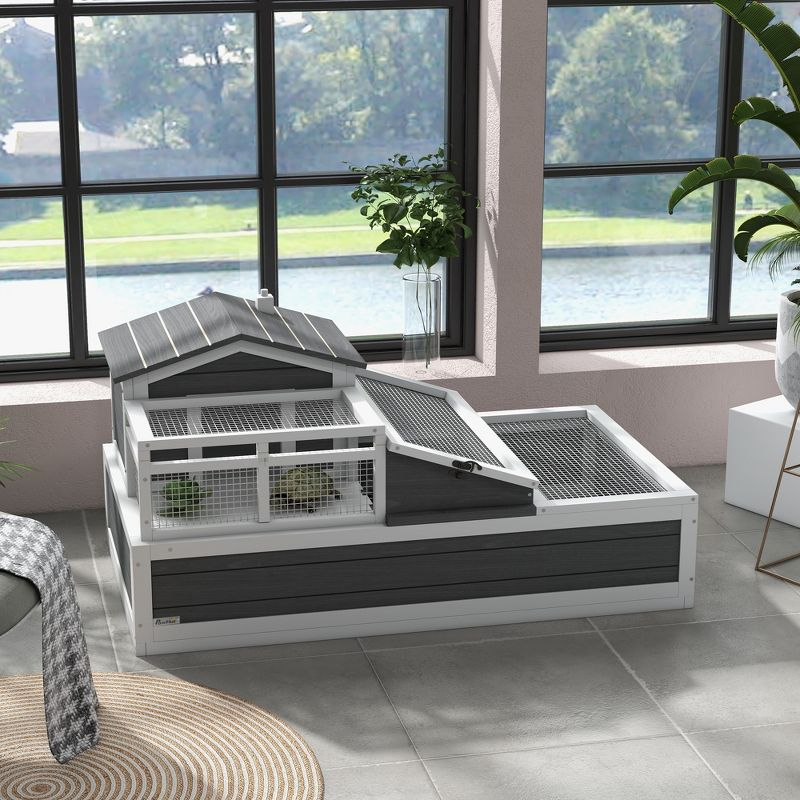 PawHut 3-Room Tortoise Habitat House w/ Balcony & 2 Stories, Wooden Indoor/Outdoor Tortoise Enclosure, Large Reptile Cage, 44" x 25.5" x 25", Gray