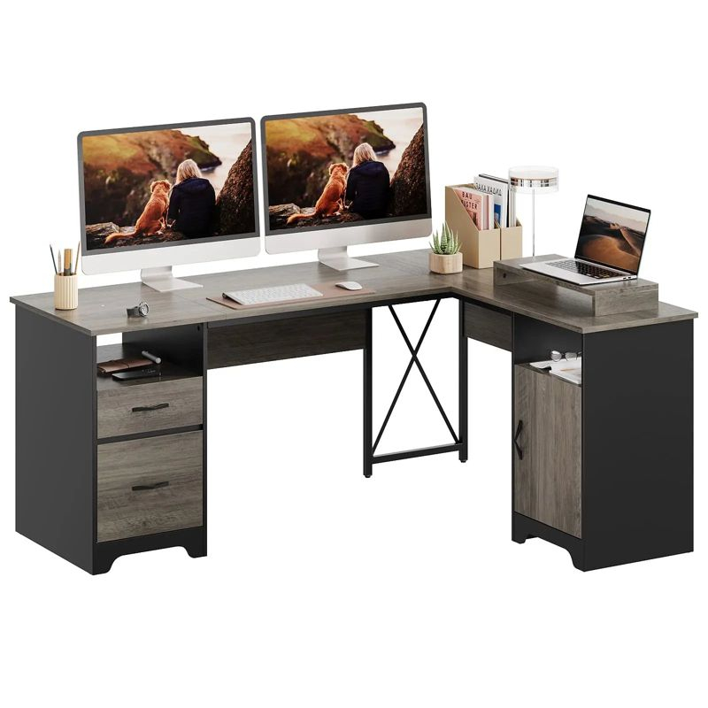 Bestier L Shaped Desk with Drawers 63" Office Computer Desk with Monitor Stand, Gray Wash