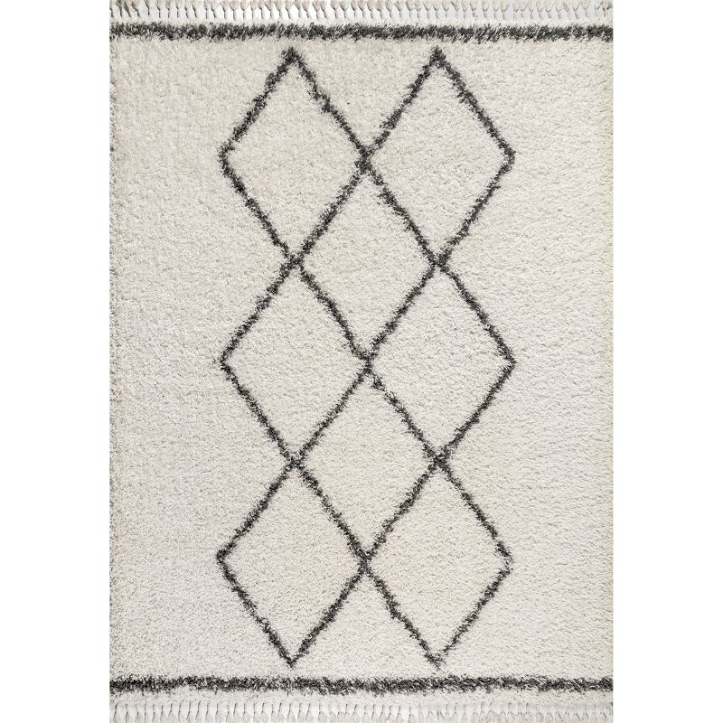 5'x8' Mercer Shag Plush Tassel Moroccan Geometric Trellis Area Rug, Cream/Grey - JONATHAN Y