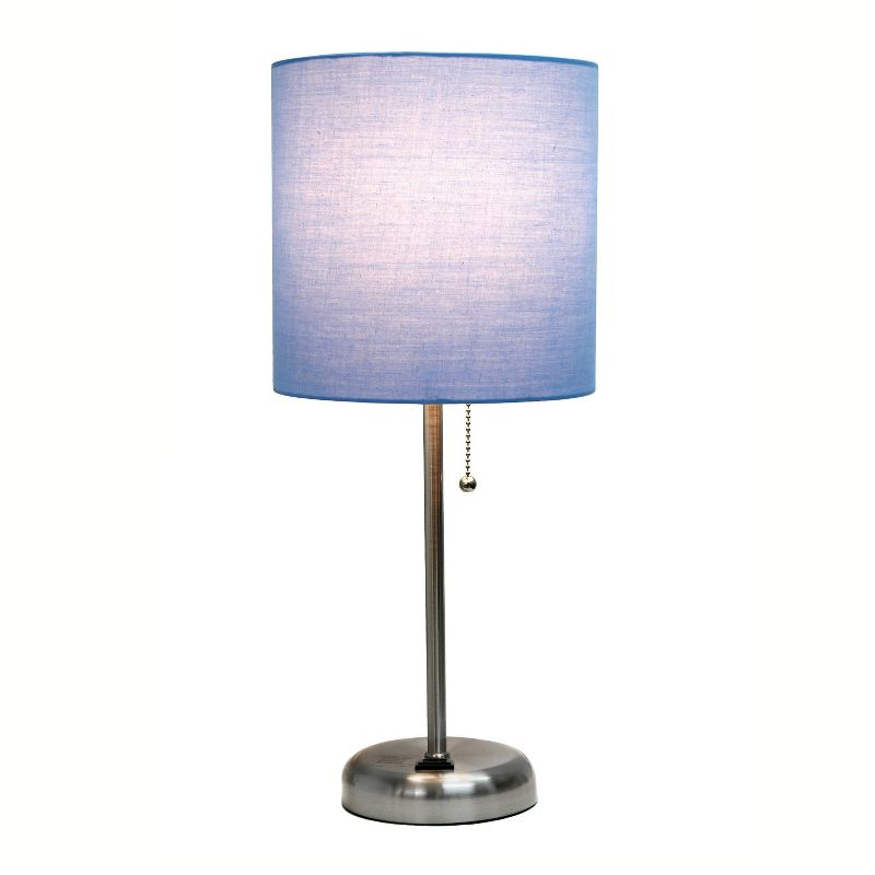 Creekwood Home 19.5" Bedside Power Outlet Base Metal Table Desk Lamp Brushed Steel with Fabric Shade Blue : ETL Listed, No Assembly Required