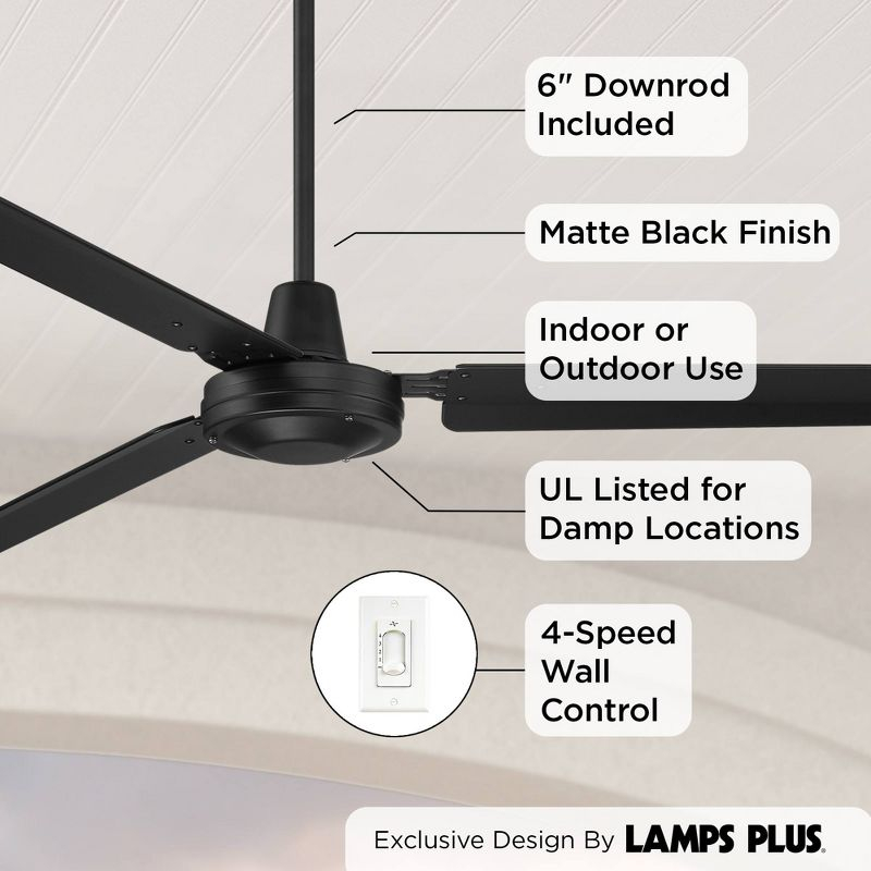 Casa Vieja 72" Casa Velocity Large Modern Indoor Outdoor Ceiling Fan 3 Blade Wall Control Matte Black Finish Bedroom Living Room Damp Rated