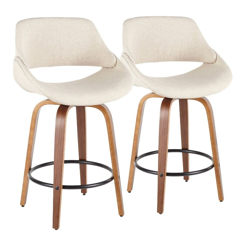 LumiSource Set of 2 Fabrico Mid Century Modern Counter Height Barstool Cream/Black: Swivel, Upholstered, Wood Legs