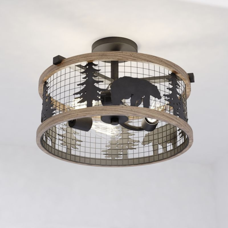 VAXCEL Kodiak 16-in W Black and Teak Rustic Semi Flush Mount Ceiling Light Bear and Tree Motif