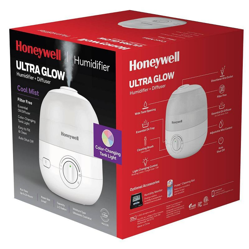 Honeywell Ultra Glow Light Changing Humidifier and Diffuser: Cool Mist, 24-Hour Run, No Filter, 100-300 sq. ft. Coverage