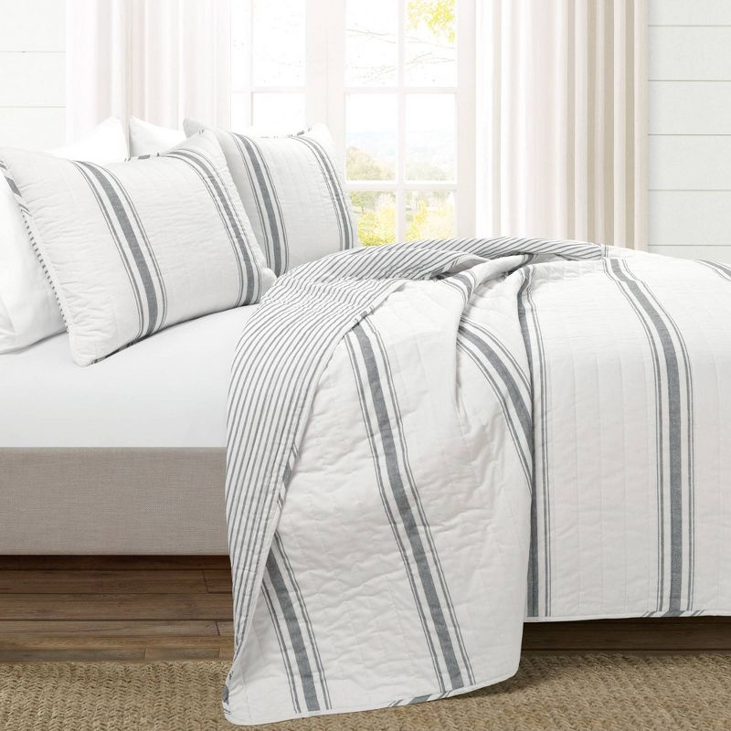 3pc Full/Queen Farmhouse Striped Reversible Quilt Bedding Set Dark Gray - Lush Décor: Cotton & Microfiber, Machine Washable