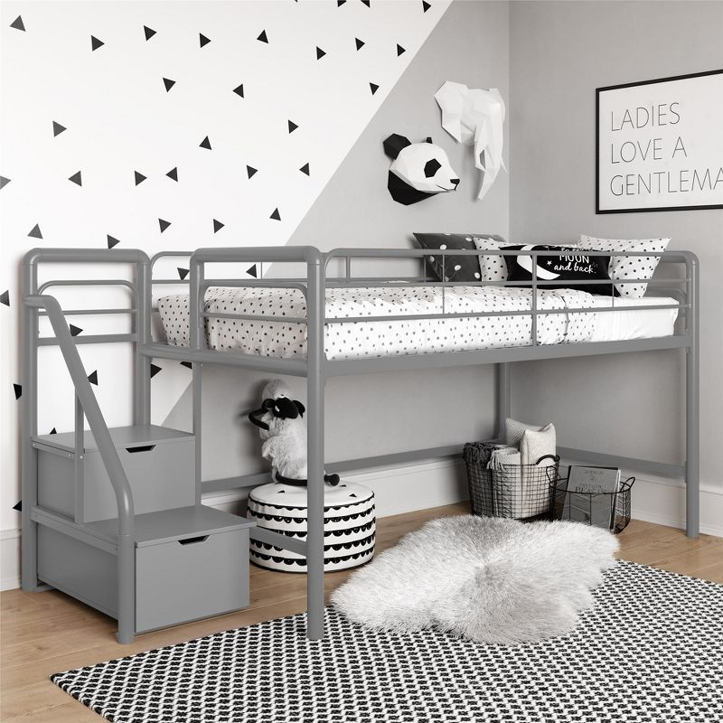 DHP Sol Junior Twin Metal Loft Bed with Storage Steps, Silver