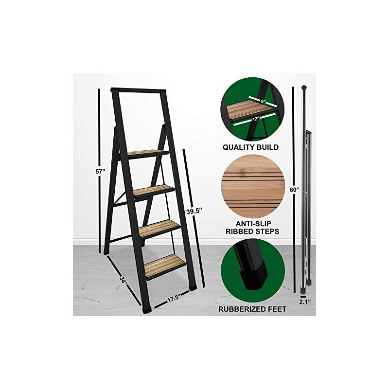 Step Ladder 4 Step Modern  - Beautiful Bamboo & Black Aluminum  - By SORFEY