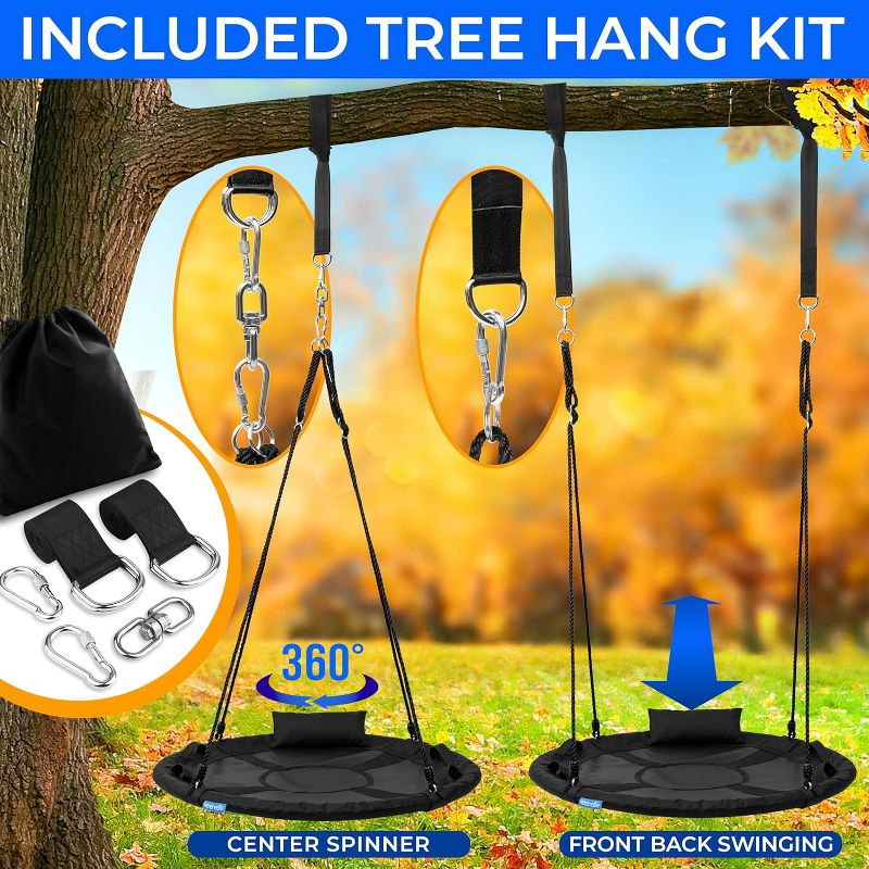 SereneLife 40" Saucer Swing with Handles, Pillow, Hanging Kit, and Carry Bag - Indoor/Outdoor Use - Black