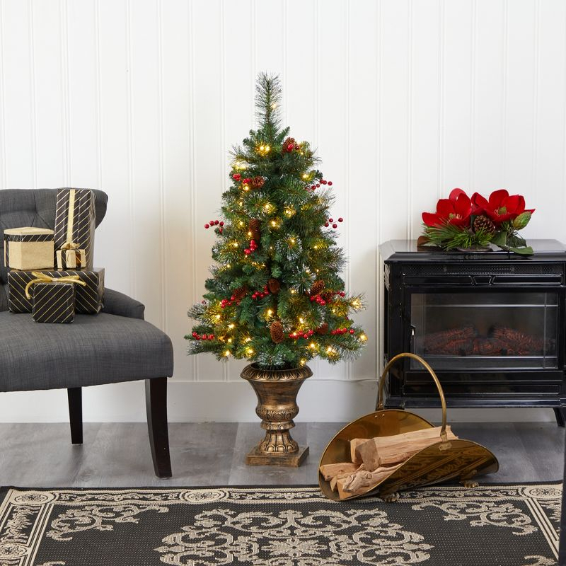 Nearly Natural 4-ft Pine, Pinecone and Berries Artificial Christmas Tree with 100 Clear LED Lights in Decorative Urn