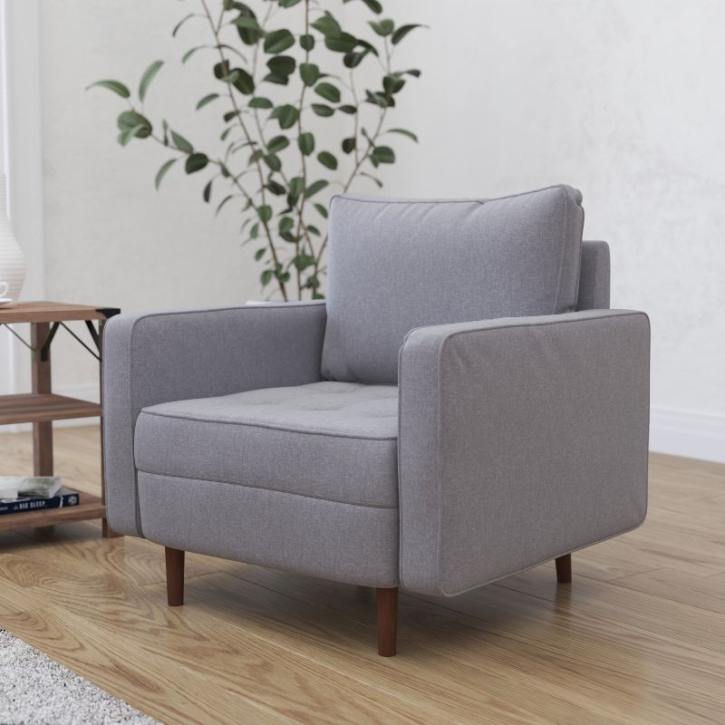 Merrick Lane Mid-Century Modern Armchair with Tufted Faux Linen Upholstery & Solid Wood Legs in Slate Gray