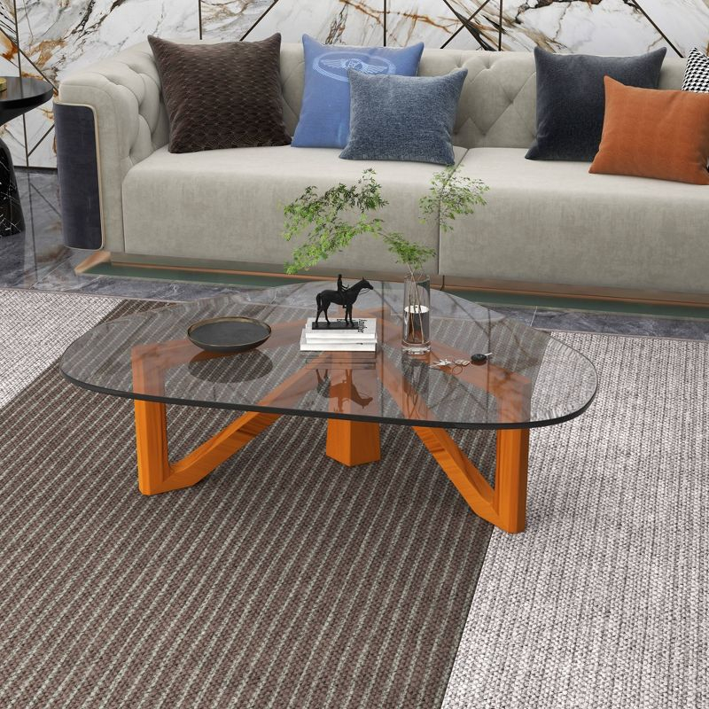 LeisureMod Imperial Collection Triangular Glass Top Coffee Table with Glossy Ash Wood Base for Home, Living Room, Office