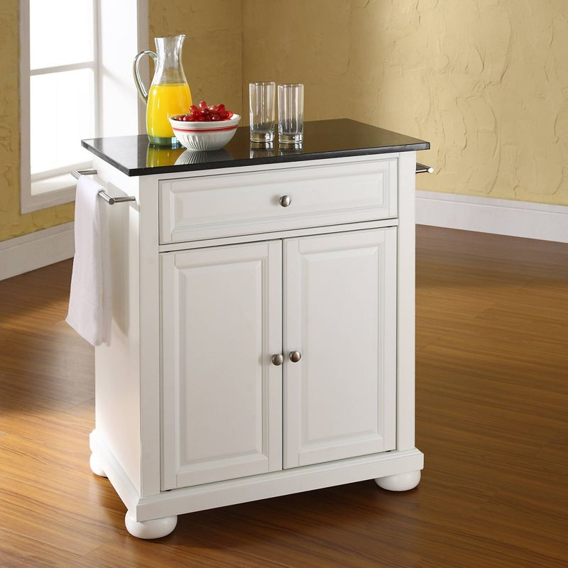 Alexandria Black Granite Top Portable Kitchen Island/Cart White - Crosley: With Wheels, Storage Cabinet & Drawer