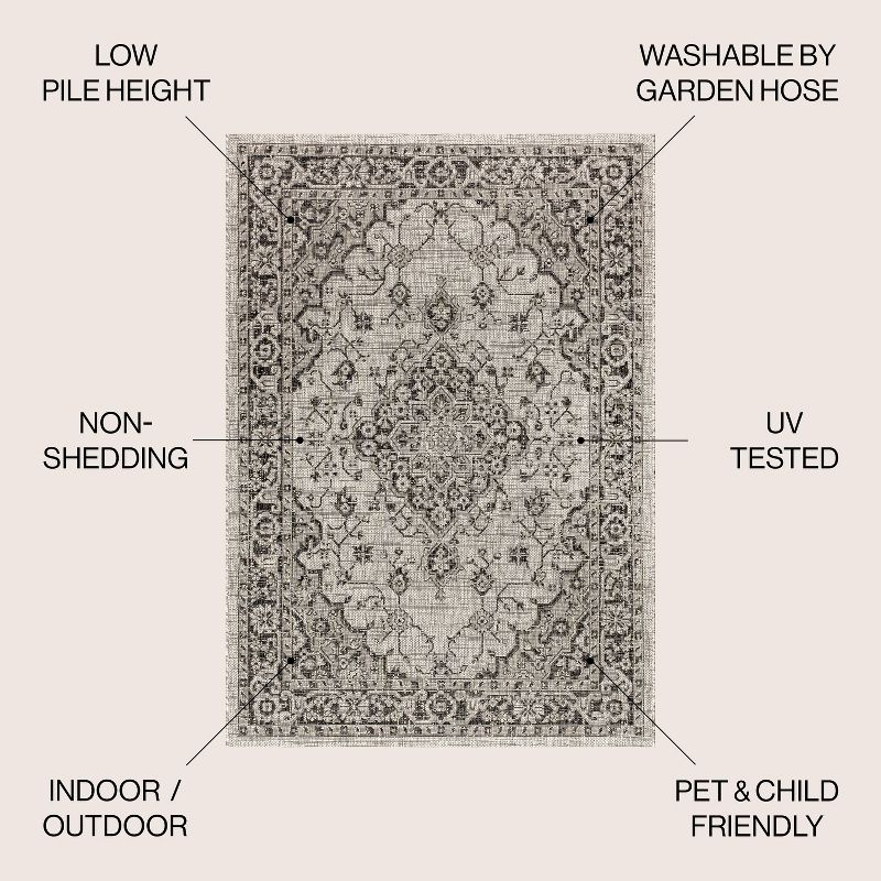 4'x6' Rozetta Boho Medallion Textured Weave Indoor/Outdoor Area Rug, Gray/Black - JONATHAN Y