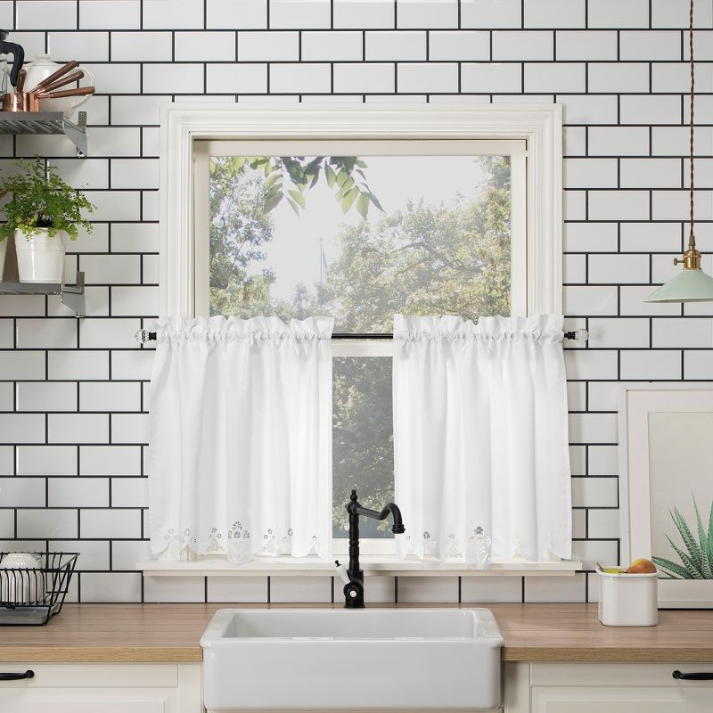 14"x58" Mariela Floral Trim Semi-Sheer Rod Pocket Kitchen Window Valance and Tiers Set White - No. 918: Light Filtering Kitchen Curtains Set