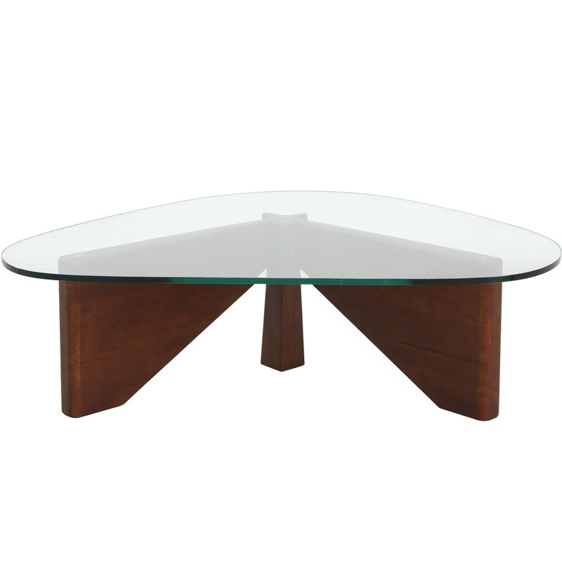 LeisureMod Imperial Collection Triangular Glass Top Coffee Table with Glossy Ash Wood Base for Home, Living Room, Office