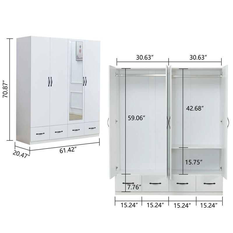Keloyid White Wood 62.99 in. Armoire with 4 Drawers, 3 Shelves and Hanging Rails