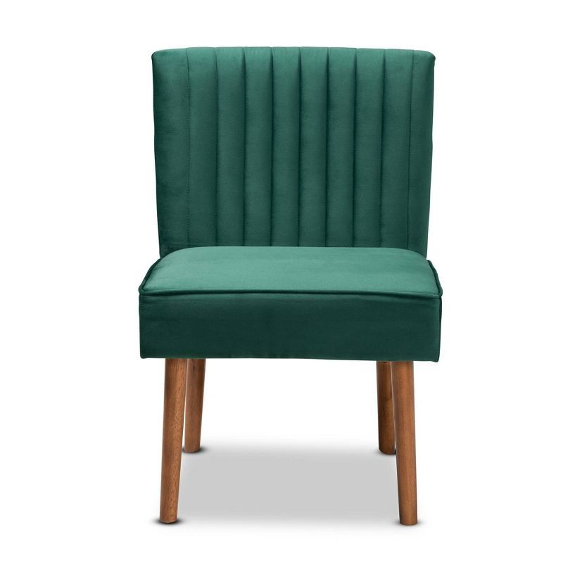Alvis Velvet Upholstered and Wood Dining Chair Emerald Green/Walnut - Baxton Studio: Channel Tufted, Angled Legs