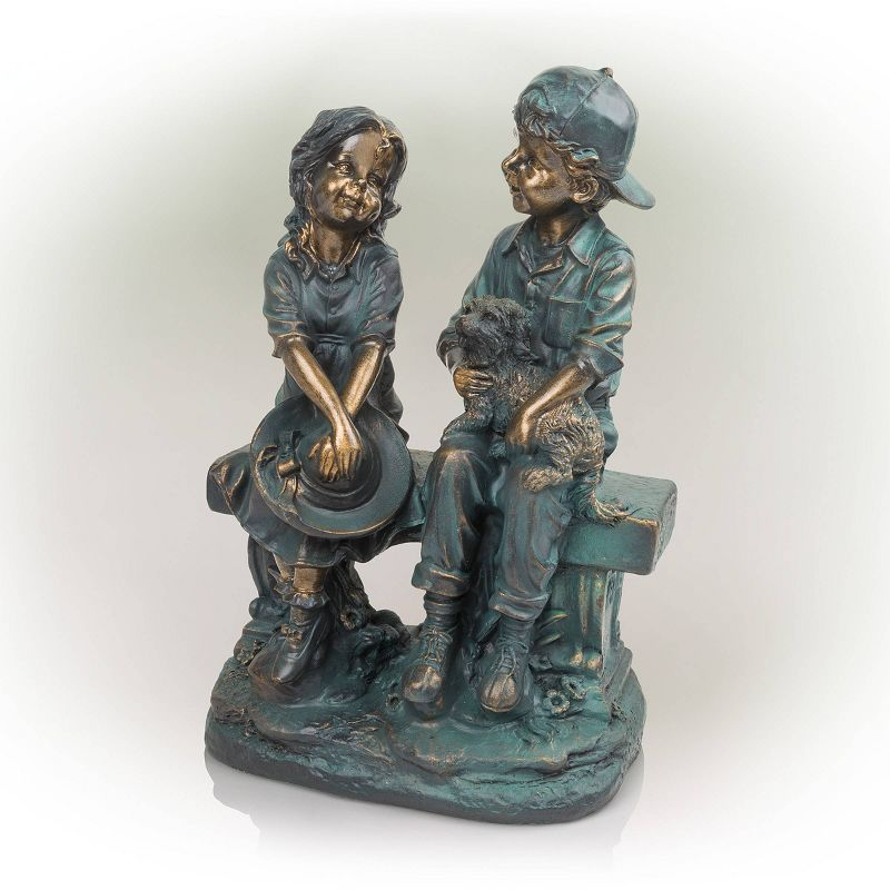Alpine Corporation 16" Polyresin Girl and Boy with Dog Sitting on Bench Sculpture Bronze: Durable Outdoor Decor, Magnesium Oxide, Rust-Resistant