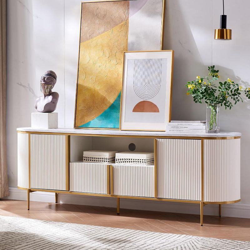 SinCiDo Luxury 70" Fluted TV Stand, Modern TV Console for TVs Up to 80 inches, Faux Marble Top & Curved Design, Off White