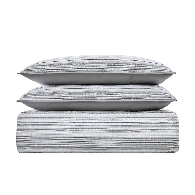 Brooklyn Loom 3pc Full/Queen Noah Stripe Yarn Dye Quilt Set Gray: Cotton Microfiber, Woven Texture, Machine Washable