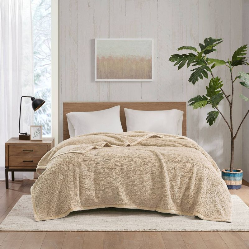 Full/Queen Burlington Berber Bed Blanket Tan: Woolrich, Velvet Texture, Machine Washable, OEKO-TEX Certified
