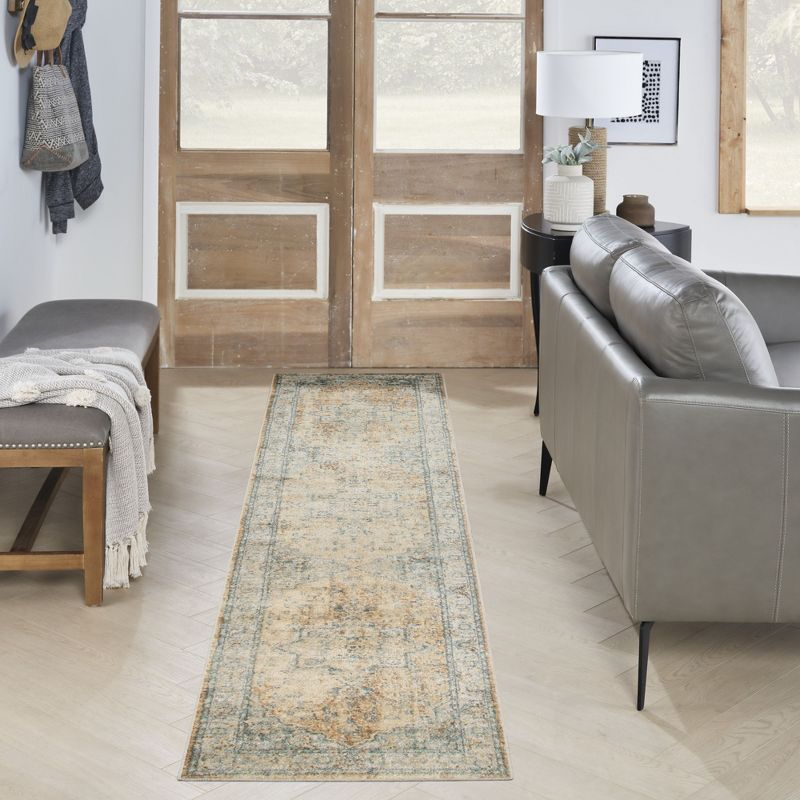 Nourison Astra Machine Washable Vintage Medallion Indoor Rug Beige Blue 2'2" x 10'