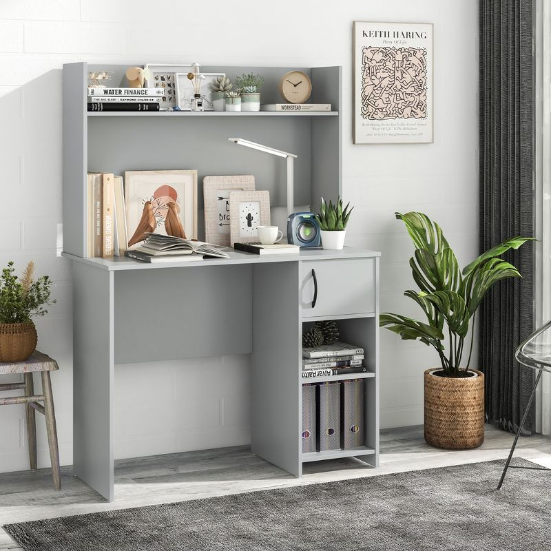 Tangkula Computer Desk Home Office Desk w/ Raised Display Shelf & 2 Open Shelves Gray
