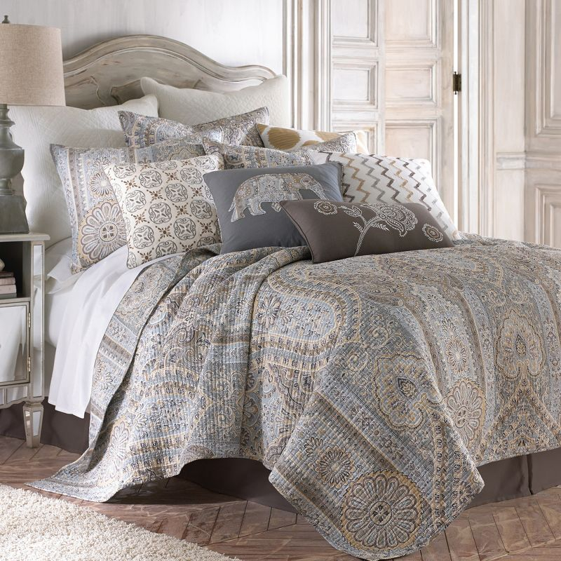Casablanca Grey Global Quilt Set - Full/Queen Quilt and Two Standard Pillow Shams Grey, Blue, Brown - Levtex Home