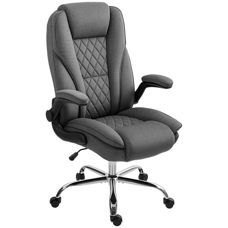 HOMCOM Executive Office Chair, Fabric Comfy Computer Desk Chair with Swivel Wheels, Flip-up Armrest, Adjustable Height, Charcoal Gray