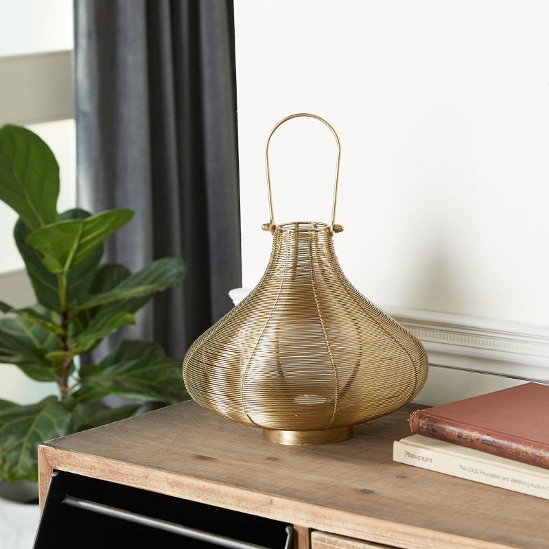 10" x 11" Round Metal Candle Holder with Handle Gold/Black - Olivia & May: Iron Lantern, Tabletop Decor