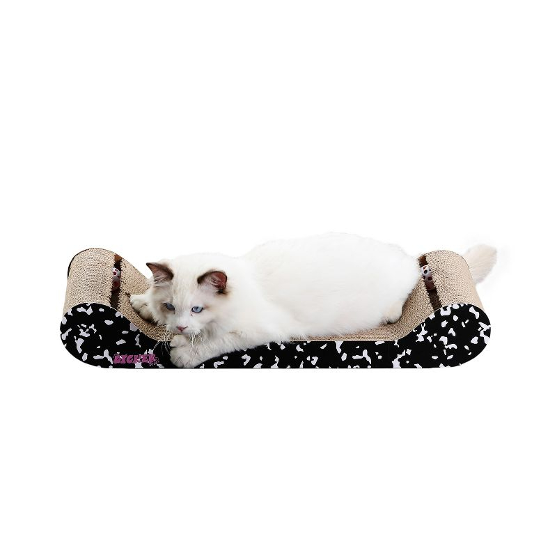 THE LICKER STORE Rini 23.75" Modern Cardboard Lounge Bed Cat Scratcher with Built-In Bell Toys and Catnip, Black/White