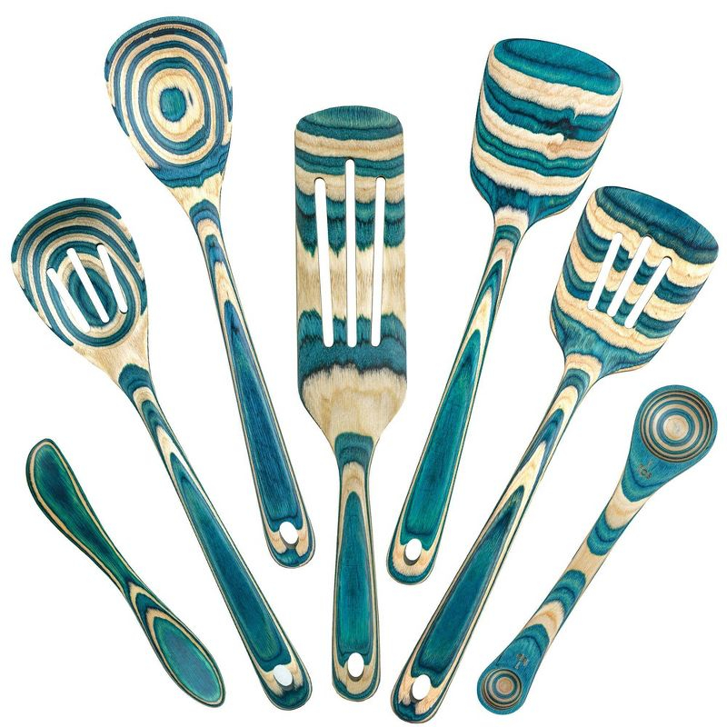 Baltique 7pc Mykonos Kitchen Utensil Set: Wooden Cooking Utensils, Spurtle, Large Soup Utensil, Blue, Hand Wash