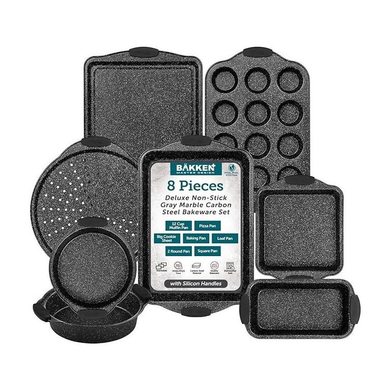 BAKKEN 8-Piece Kitchen Oven Baking Pans Set - Deluxe Nonstick Gray Marble Coating, Professional Grade Carbon Steel Bakeware with Silicone Handles