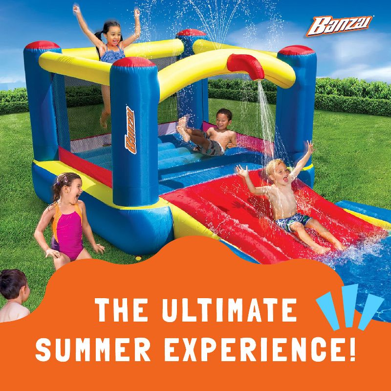 Banzai Bounce ’N’ Splash Water Slide, Heavy Duty Inflatable Outdoor Water Park w/ Bounce House, Slide, and Splash Pool, for Kids Ages 5-12, Multicolor