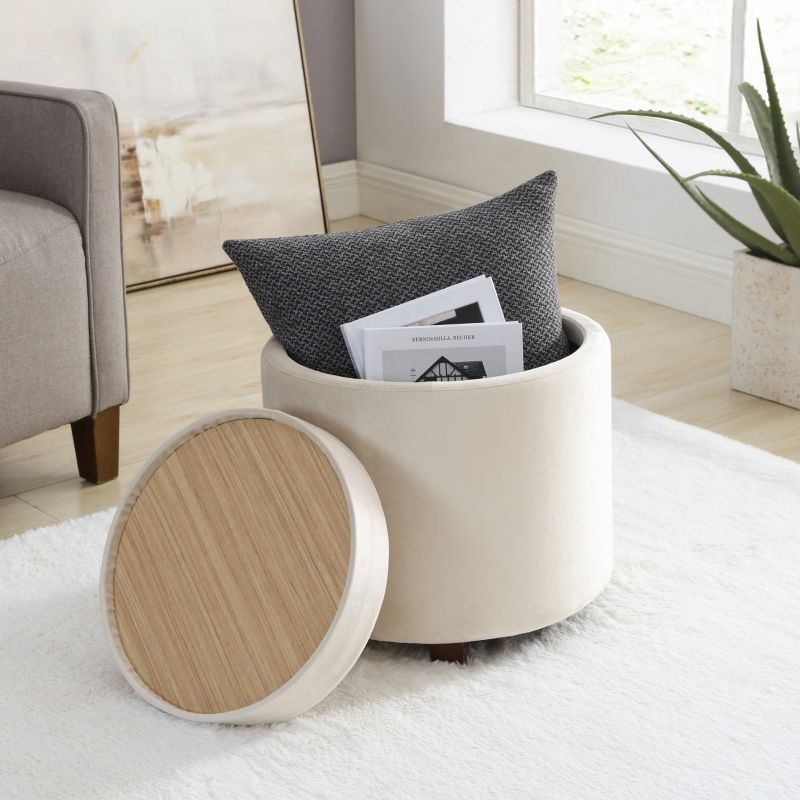 Ornavo Home Lawrence Round Storage Ottoman with Table Top Lid - Velvet Cream