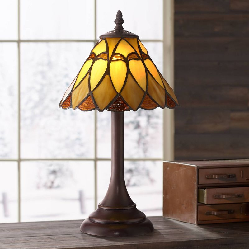 Robert Louis Tiffany Austin Mission Accent Table Lamp 14" High LED Warm Brown Amber Art Glass Shade for Bedroom Bedside Nightstand Office House Home
